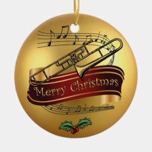 Trombone ~ Musical Scroll ~Gold "Merry Kerst~ Keramisch Ornament
