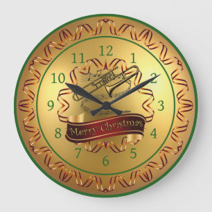 Trombone ~ Musical Scroll ~ Gold "Merry Kerstmis" Grote Klok