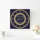 Trombone ~ Musical Scroll ~ Gold/Navy Blue ~ Vierkante Klok (Huis)