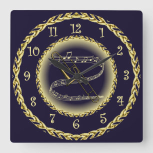 Trombone ~ Musical Scroll ~ Gold/Navy Blue ~ Vierkante Klok