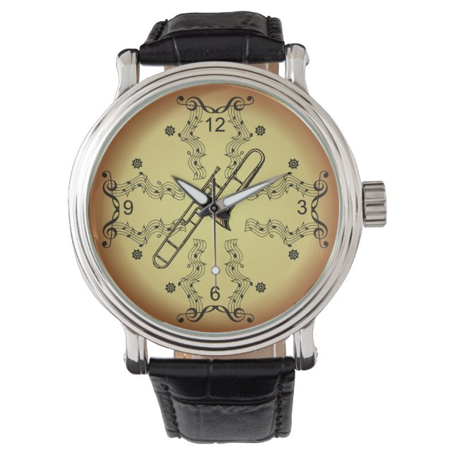 Trombone ~ Musical Scroll ~ Golden Background ~ Horloge (Voorkant)