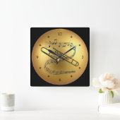 Trombone~Musical Scroll~ Golden Globe Background ~ Vierkante Klok (Huis)