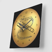 Trombone~Musical Scroll~ Golden Globe Background ~ Vierkante Klok (Hoek)
