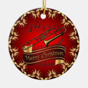 Trombone ~ Musical Scroll ~ Merry Kerst~ * ~ Keramisch Ornament