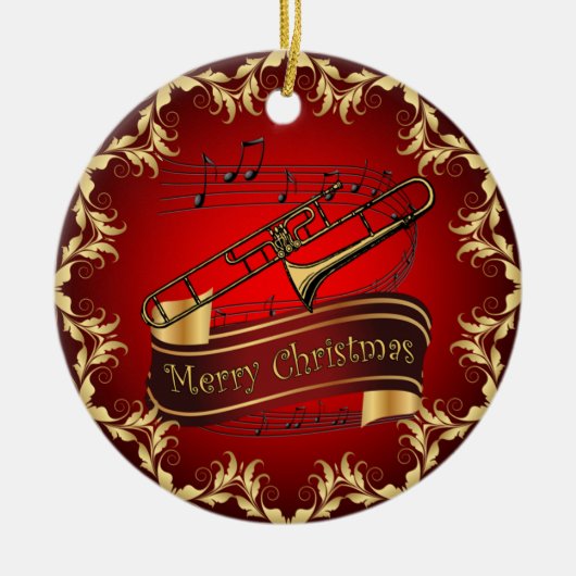 Trombone ~ Musical Scroll ~ Merry Kerst~ * ~ Keramisch Ornament (Voorkant)