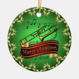 Trombone ~ Musical Scroll ~ Merry Kerst~ * ~ Keramisch Ornament