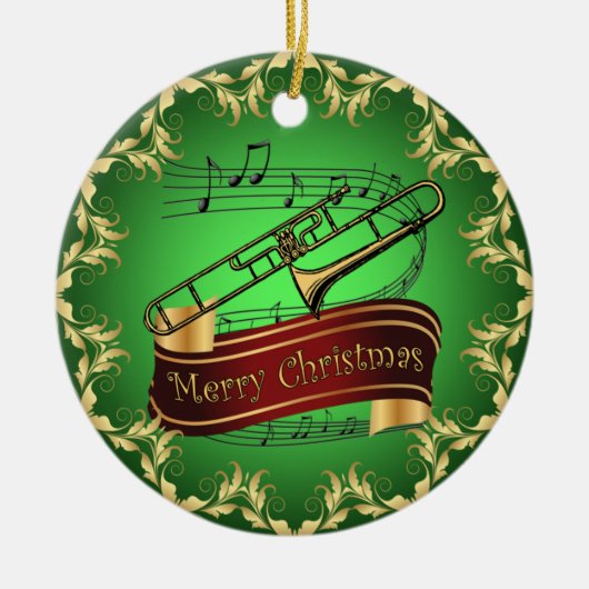 Trombone ~ Musical Scroll ~ Merry Kerst~ * ~ Keramisch Ornament (Voorkant)