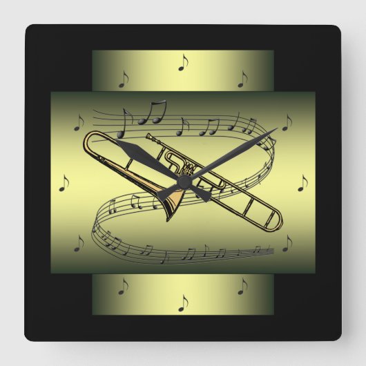 Trombone ~ Musical Swirl ~ Notes ~ * ~ Vierkante Klok (Voorkant)