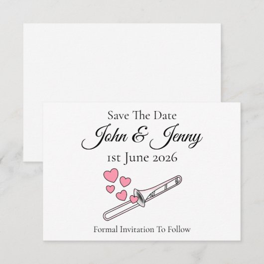 Trombone Muzikant Trouwen Save The Date (Voorkant / Achterkant)