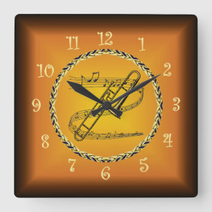 Trombone op musical Scroll & Russet Sinaasappel ~ Vierkante Klok