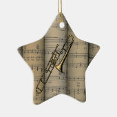 Trombone ~ Rolled Bladmuziek Achtergrond ~ Muzikaa Keramisch Ornament (Rechts)
