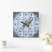 Trombone~Rolled Sheet Music~Blue Tint Background~ Vierkante Klok (Huis)