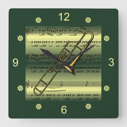 Trombone~Rolling Blad Music~Gold/Green Background~ Vierkante Klok (Voorkant)
