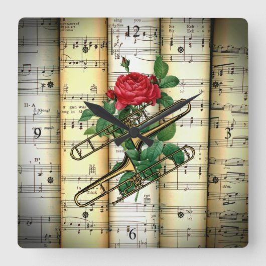Trombone & Rose ~ Rolled Sheet Music ~ Vierkante Klok (Voorkant)