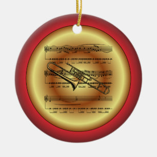 Trombone~Sheet Music~Red/Green/Gold~Kerst~ Keramisch Ornament