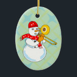 Trombone Snowman Keramisch Ornament<br><div class="desc">Een snowman-trombone-speler die een muzieknoot sjaal draagt,  is een grappig wintercadeauontwerp voor trombonisten,  muziekdocenten en studenten in concert,  jazz en marchingband.</div>