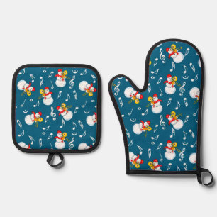 Trombone Snowman Muzieknoten Patroon Ovenwant & Pannenlap Set