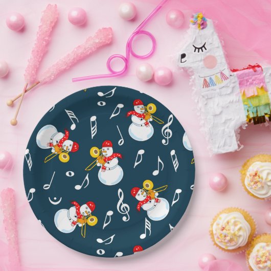 Trombone Snowman Muzieknoten Patroon Papieren Bordje (Feest)
