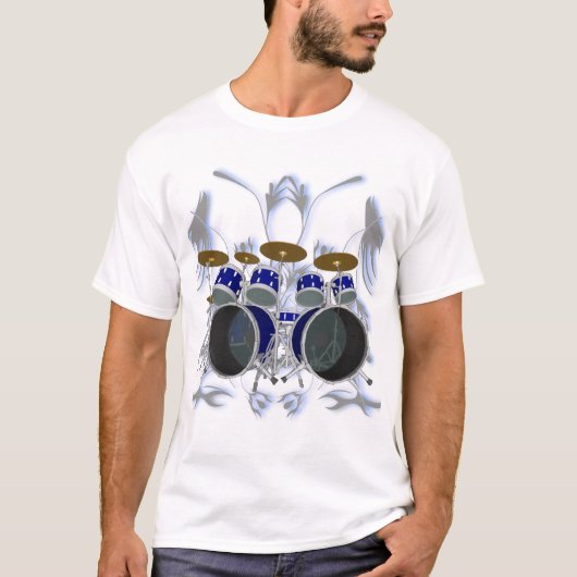 Trommelset en tribaal (blauw) - Witte T-shirt (Voorkant)