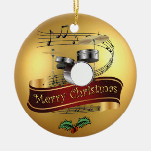 Trommelset ~ Musical Scroll ~ Gold Merry Kerstmis  Keramisch Ornament