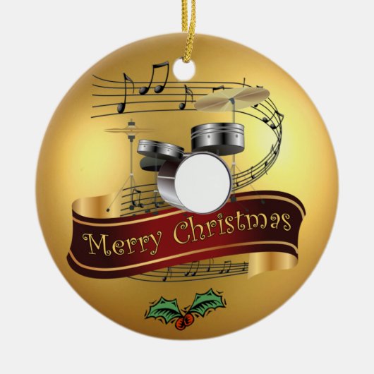 Trommelset ~ Musical Scroll ~ Gold Merry Kerstmis  Keramisch Ornament (Voorkant)