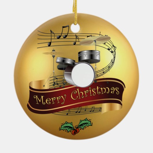 Trommelset ~ Musical Scroll ~ Gold Merry Kerstmis Keramisch Ornament (Achterkant)