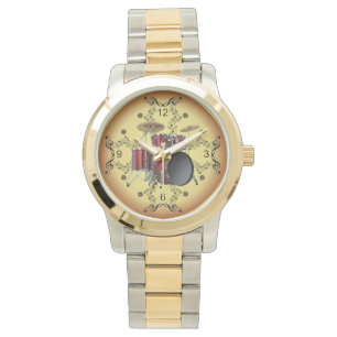 Trommelset ~ Musical Scroll ~ Golden Background ~ Horloge