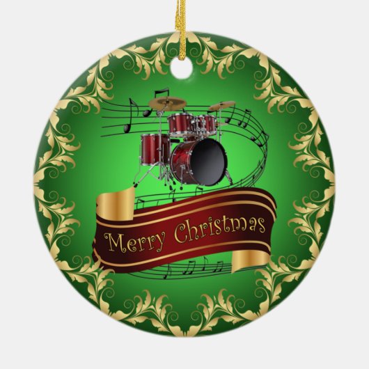 Trommelset ~ Musical Scroll ~ Merry Kerstmis * ~ Keramisch Ornament (Achterkant)