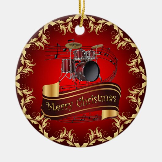 Trommelset ~ Musical Scroll ~ Merry Kerstmis * ~ Keramisch Ornament (Voorkant)