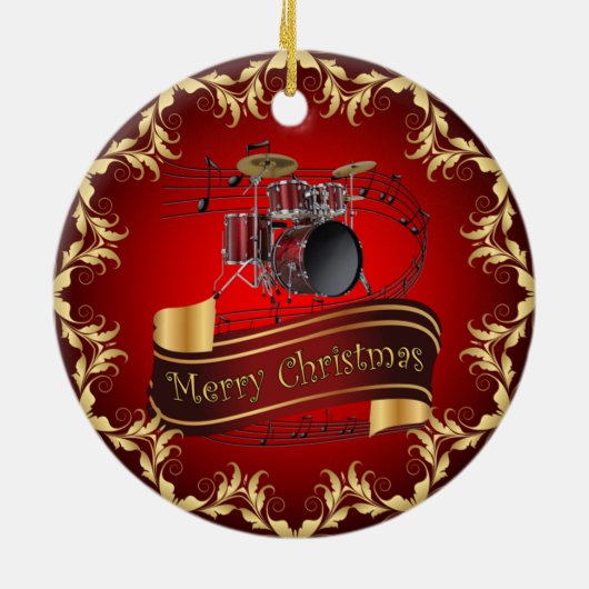 Trommelset ~ Musical Scroll ~ Merry Kerstmis * ~ Keramisch Ornament (Achterkant)