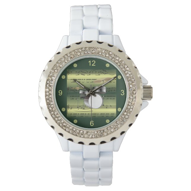 Trommelset~Rollend blad Muziek~Gold/Groene achterg Horloge (Voorkant)