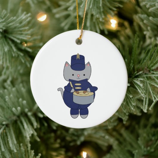 Trommelspeler Kat Navy Blauw Goud Personaliseer Keramisch Ornament (Boom)