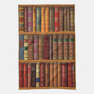 Trompe l'oeil "Franse bibliotheek". Theedoek