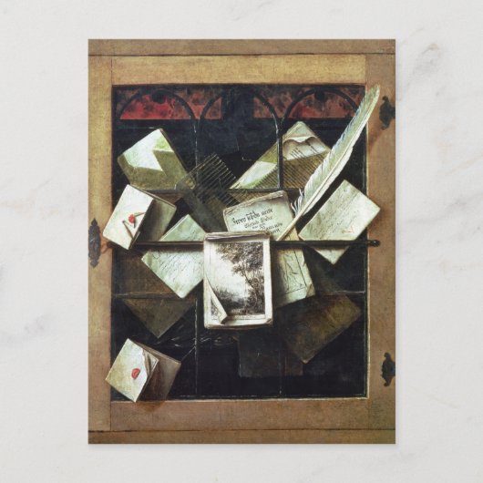 Trompe l'oeil met brieven en notitieboeken, 1665 briefkaart (Voorkant)