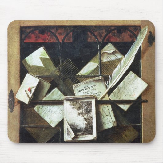 Trompe l'oeil met letters en notebooks, 1665 muismat (Voorkant)