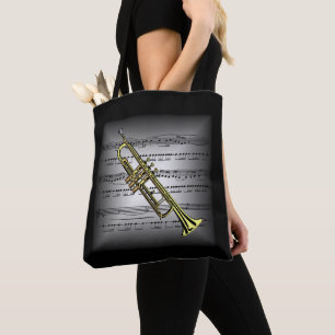 Trompet ~ 3-D Bladmuziek ~ Kussen Grijs/Zwart ~ Tote Bag