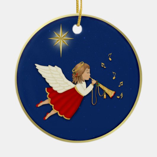 Trompet Angel en Kerstster Keramisch Ornament (Voorkant)