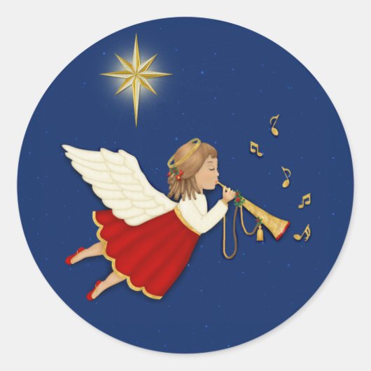 Trompet Angel en Kerstster Ronde Sticker (Voorkant)