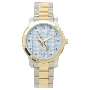 Trompet~gerolde Bladmuziek~Blauwe Tint Achtergrond Horloge