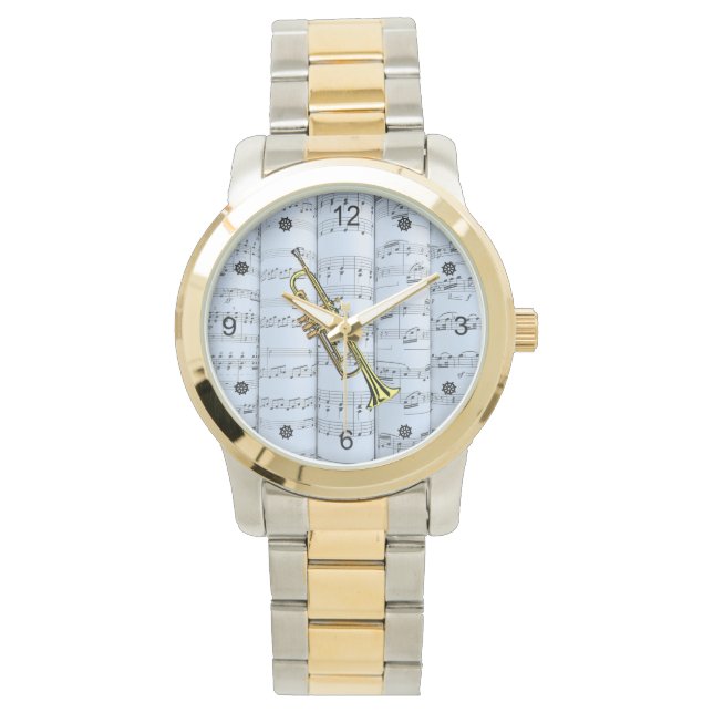 Trompet~gerolde Bladmuziek~Blauwe Tint Achtergrond Horloge (Voorkant)