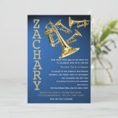 Trompet Mania Muziek Blauw Goud Bar Mitswa Kaart (Staand voorkant)