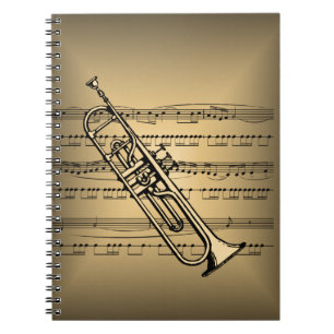 Trompet met bladmuziek achtergrond notitieboek