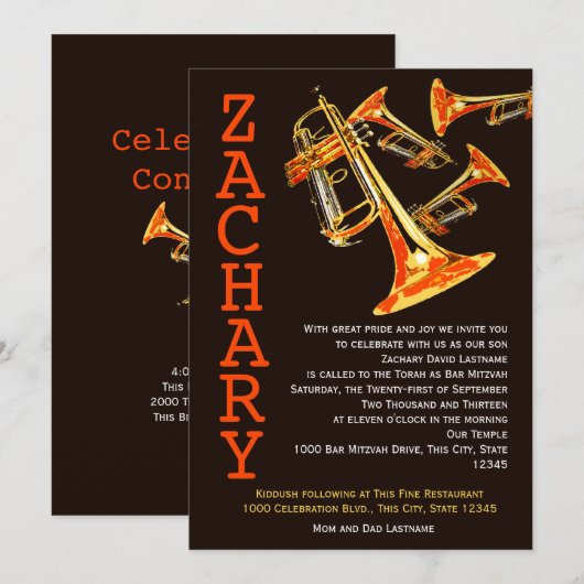 Trompet muziek bar mitswa kaart (Voorkant / Achterkant)