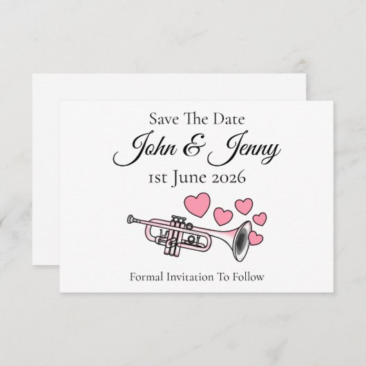 Trompet muzikant bruiloft Save the Date (Voorkant / Achterkant)