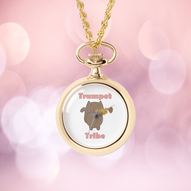 Trompet Stam Kat Roze Letters Horloge (A watch necklace featuring a cat playing the trumpet and the words trumpet tribe.)