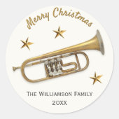 Trompet vrolijke kerstmuziek gepersonaliseerd ronde sticker (Voorkant)
