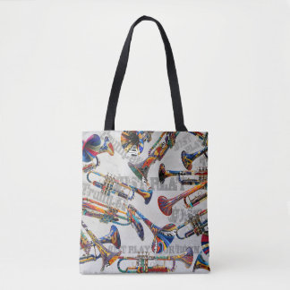 Trompetdruk, kleurrijke trompetten, muziekkunst tote bag