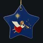 trompetengel keramisch ornament<br><div class="desc">Nachtelijke hemel met sterren die op de achtergrond schijnen. Engel met gouden trompet en muzieknoten</div>