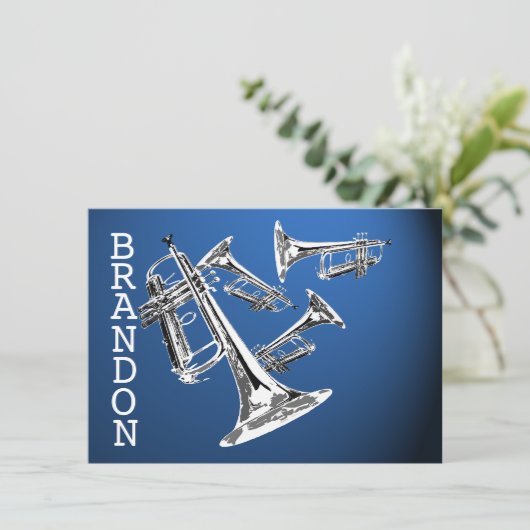 Trompetmuziek Donkerblauw Dank u Platte Kaart (Staand voorkant)