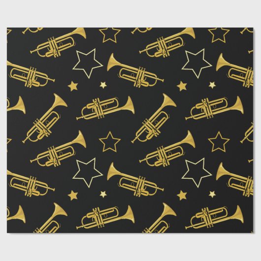 Trompetten en sterren muziekinstrument cadeaupapier (Vlak)